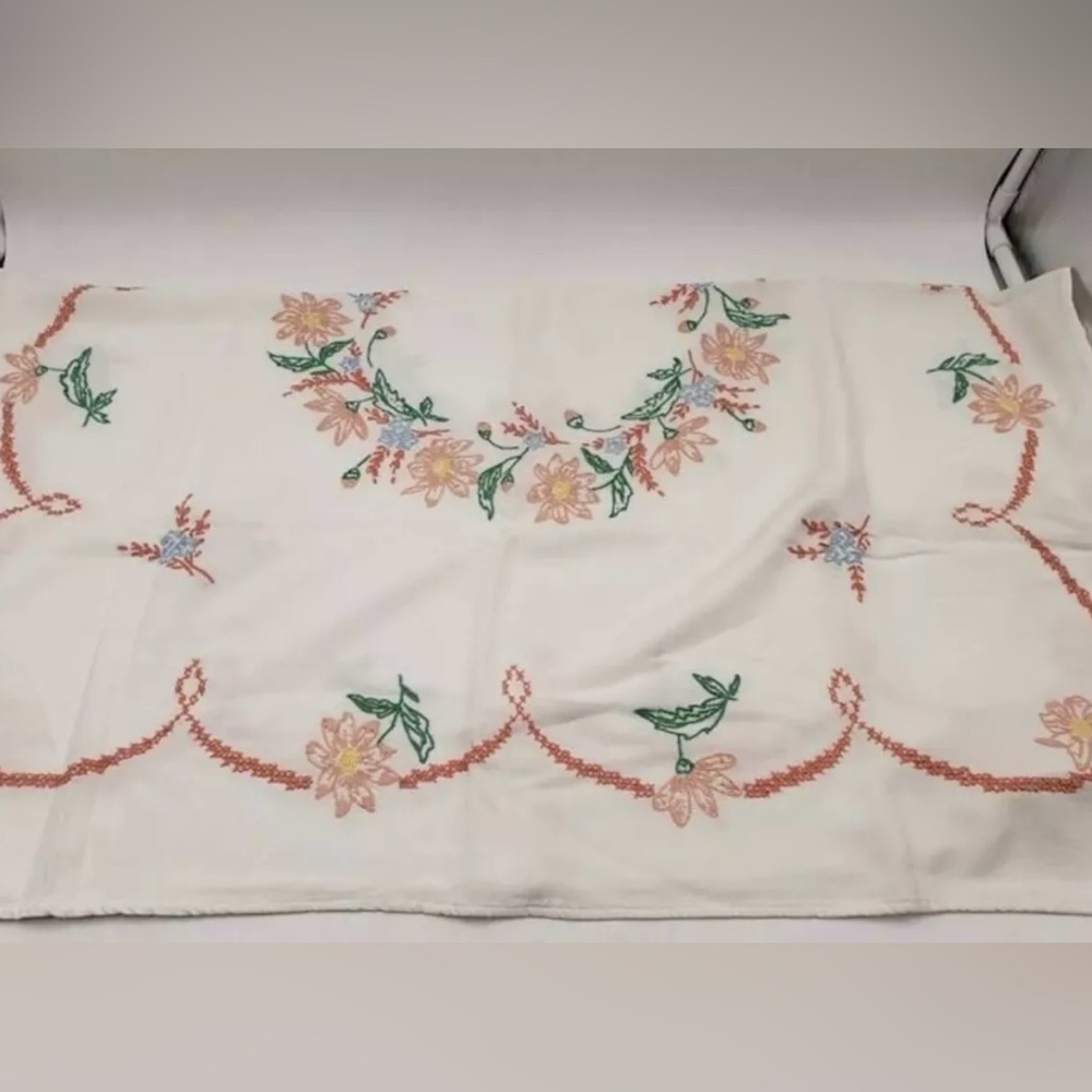 Vintage Artisan Crafted Embroidered Floral Stitched Tablecloth 34 X 38 Inches